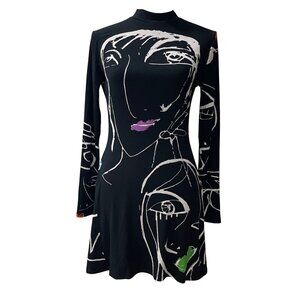 Desigual Face Print Mini Dress Women's Size Large Ribbed Knit Viscose High Neck